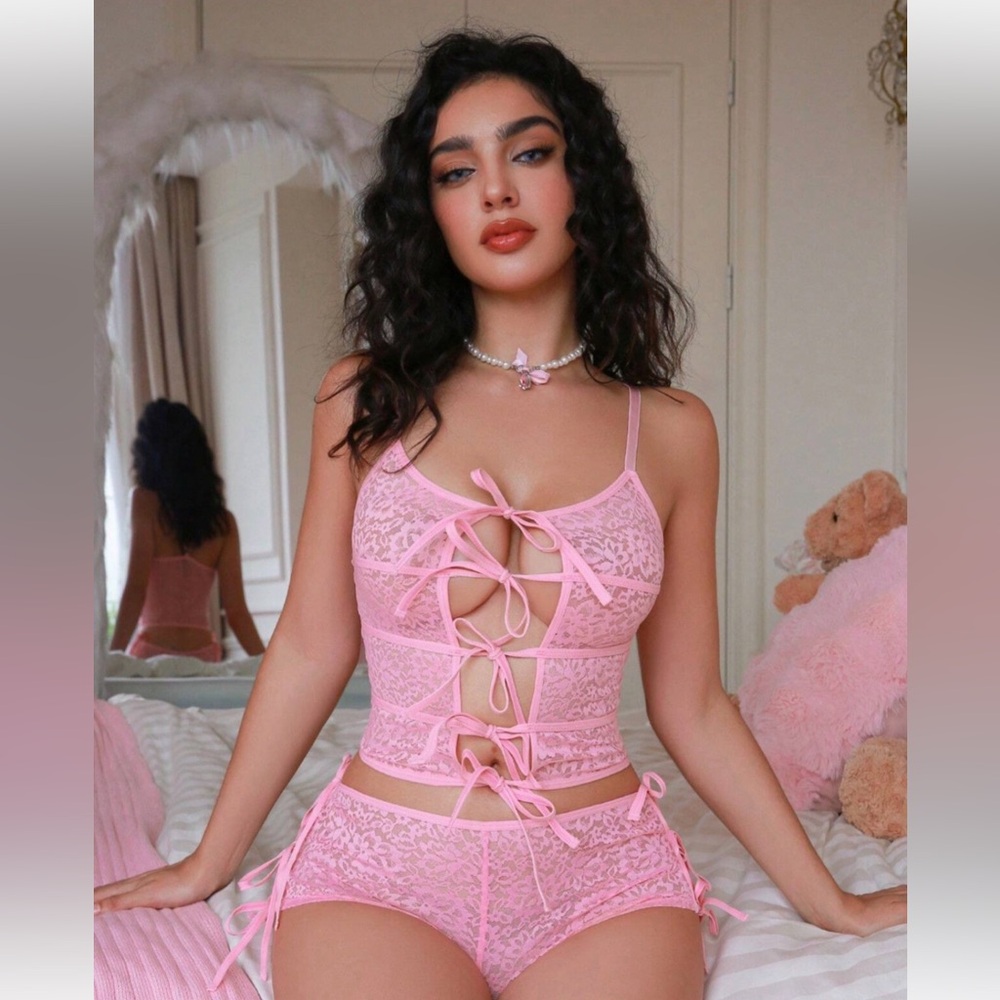 Matching Pink Sheer Lace-Up Chemise Set NWOT size M